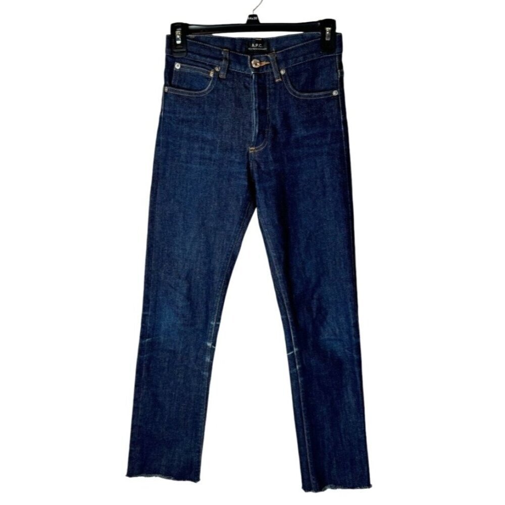 APC Jeans Women 24 Blue Dark‎ Wash Denim Button Fly Faded Straight Cropped Leg
